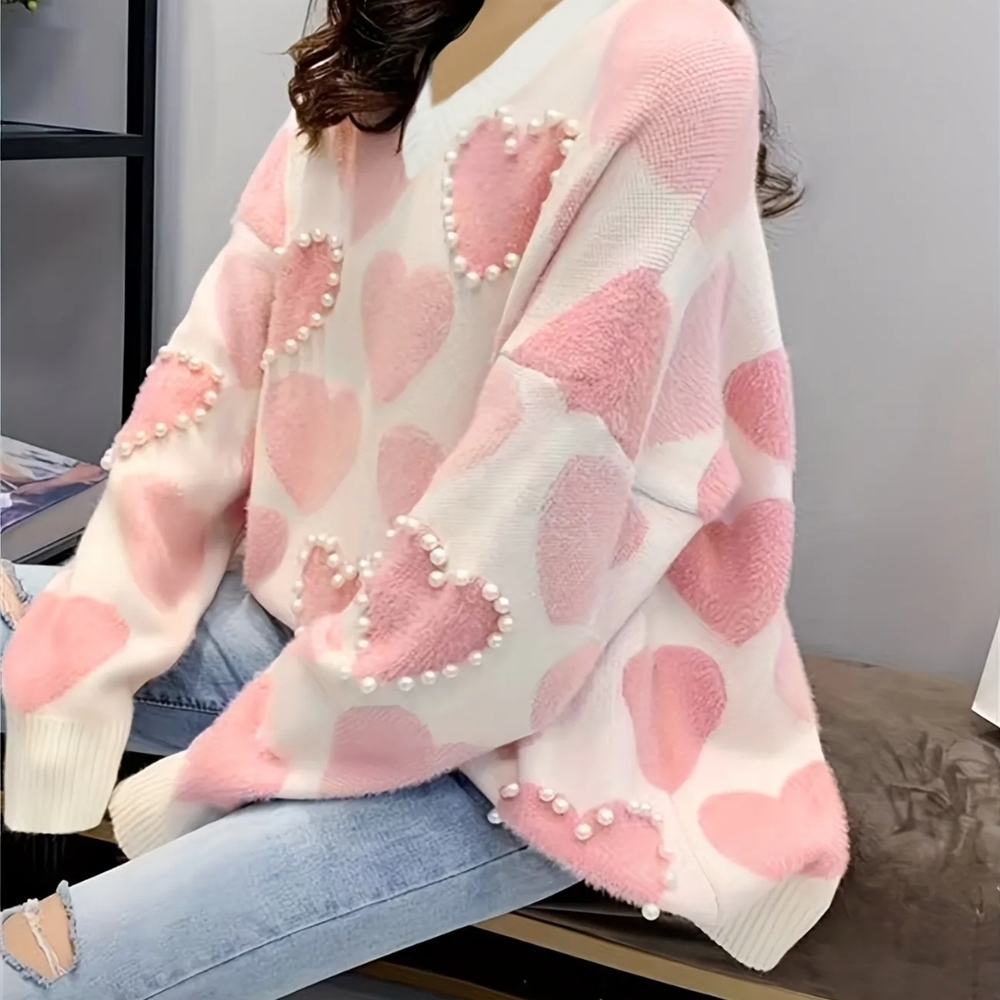 Faux Pearl Heart Print Oversized Long Sleeve V Neck Pullover/Sweater